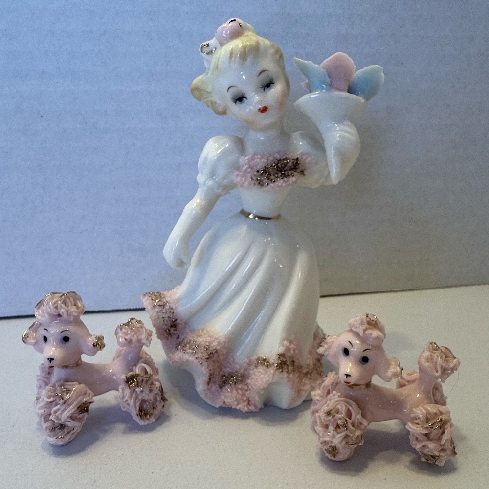 Vintage Lefton Lass and Poodles Porcelain Japanese Figure #692